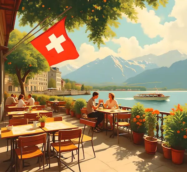 Swiss lakeside cafe terrace with Swiss flag overlooking Alps Swiss French expressions French-speaking Switzerland