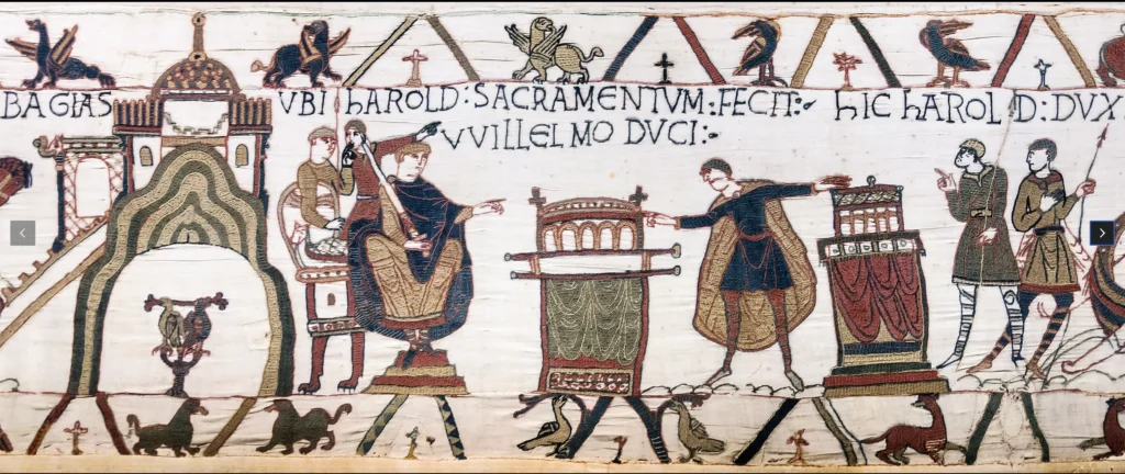 Bayeux Tapestry showing Harold's oath to William the Conqueror, Norman Conquest 1066 French influence on English vocabulary