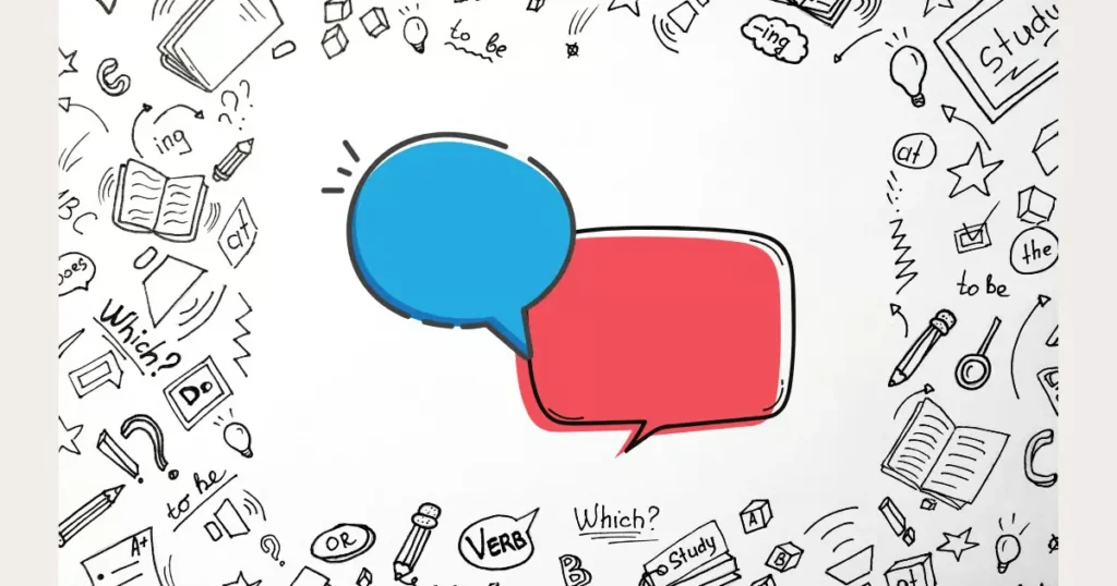 Bilingual fluency concept illustration with blue and red speech bubbles surrounded by language learning elements