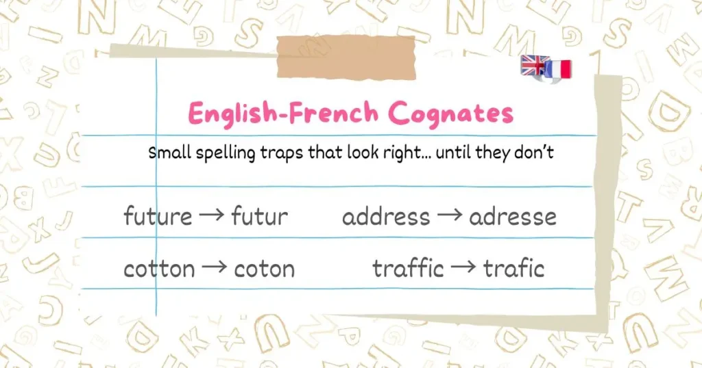 English-French cognates spelling comparison chart showing common translation traps - future/futur, address/adresse, cotton/coton, traffic/trafic with UK and French flags